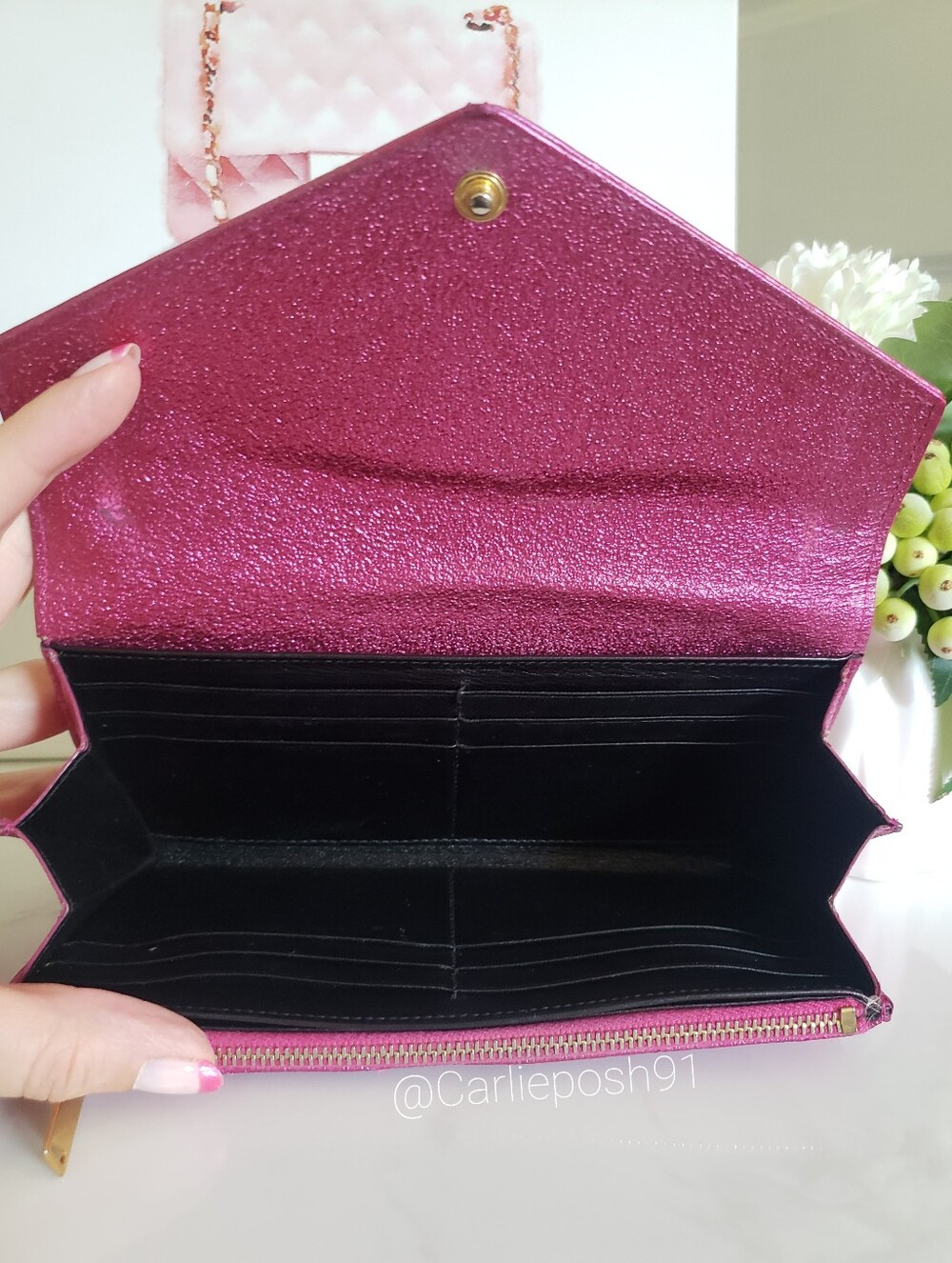Authentic Pre-owned Saint Laurent Crackled Calfskin Metallic Chevron Flap Wallet - Picture 7 of 15